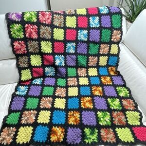 Vintage Retro Handmade Granny Square Crochet Wool Afghan Throw Blanket 70" X 40"